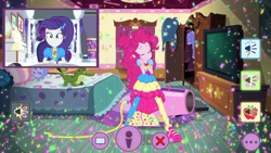 Size: 1336x752 | Tagged: safe, imported from derpibooru, screencap, gummy, pinkie pie, rarity, equestria girls, equestria girls series, festival looks, spoiler:eqg series (season 2), armoire, bed, clothes, confetti, dress, party cannon, pinkie puffs, pinkie's bedroom, rarity's bedroom, shoes, sneakers, television, webcam, wristband