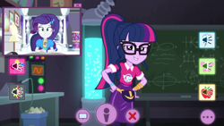 Size: 1336x752 | Tagged: safe, imported from derpibooru, screencap, rarity, sci-twi, twilight sparkle, equestria girls, equestria girls series, festival looks, spoiler:eqg series (season 2), chalkboard, clothes, fanny pack, glasses, laboratory, picture in picture, ponytail, rarity's bedroom, shirt, skirt, twilight's lab, webcam, wristband