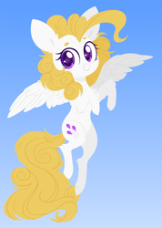 Size: 5000x7004 | Tagged: safe, artist:belka-sempai, imported from derpibooru, surprise, pegasus, pony, absurd resolution, beanbrows, chest fluff, cute, ear fluff, eyebrows, female, flying, g1, g1betes, gradient background, leg fluff, mare, solo, spread wings, wing fluff, wings