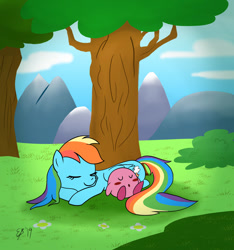 Size: 1024x1095 | Tagged: safe, artist:cartoon-eric, imported from derpibooru, rainbow dash, bush, crossover, cute, dashabetes, grass field, kirby, kirby (character), kirby (series), kirby dash, mountain, nintendo, puffball, signature, sleeping, tree