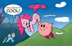 Size: 1280x834 | Tagged: safe, artist:cartoon-eric, imported from derpibooru, pinkie pie, rainbow dash, crossover, flying, kirby, kirby (character), kirby (series), mountain, nintendo, pinkie being pinkie, pinkie physics, puffball, signature, tailcopter