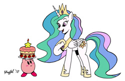 Size: 1024x669 | Tagged: safe, artist:cartoon-eric, imported from derpibooru, princess celestia, alicorn, pony, cake, cakelestia, crossover, crown, cute, cutelestia, duo, female, food, happy, hoof on chest, jewelry, kirby, kirby (character), kirby (series), kirby celestia, male, mare, puffball, regalia, signature, smiling