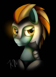 Size: 931x1280 | Tagged: safe, artist:11newells, imported from derpibooru, lightning dust, pony, armor, black background, bust, commission, female, helmet, portrait, signature, simple background, smiling, smirk, solo