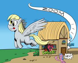 Size: 900x729 | Tagged: safe, artist:cartoon-eric, imported from derpibooru, derpy hooves, pegasus, pony, crash, flying, house, signature, whoops