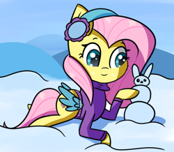 Size: 2333x2030 | Tagged: safe, artist:artiks, imported from derpibooru, fluttershy, pegasus, pony, cheek fluff, clothes, cute, earmuffs, female, lying down, mare, prone, shyabetes, snow, snowbunny, solo, sweater, wing warmers