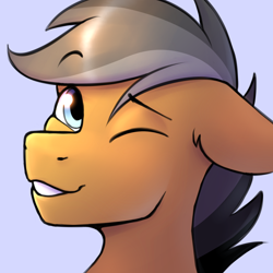 Size: 1800x1800 | Tagged: safe, artist:argigen, imported from derpibooru, quibble pants, earth pony, pony, bust, cute, floppy ears, looking at you, male, one eye closed, portrait, quibblebetes, rcf community, simple background, smiling, solo, stallion, wink