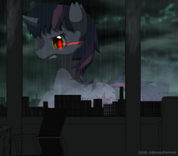 Size: 2500x2200 | Tagged: safe, artist:rockfannel, imported from derpibooru, twilight sparkle, kaiju, pony, unicorn, building, city, cloud, crossover, dark clouds, destruction, female, giant pony, godzilla, godzilla (series), macro, rain, solo, twizilla, unicorn twilight