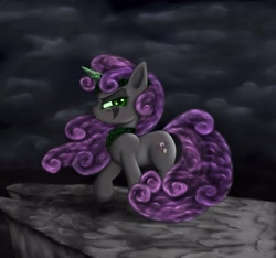 Size: 3682x3443 | Tagged: safe, artist:rameslack, imported from derpibooru, sweetie belle, pony, unicorn, cliff, cloud, corrupted, crown, dark clouds, dark magic, evil, fangs, female, jewelry, magic, nightmare sweetie belle, nightmarified, regalia, solo