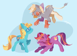 Size: 900x652 | Tagged: safe, artist:cenyo, imported from derpibooru, oc, oc:blue ribbon, oc:quillian, oc:sunset sparkle, classical hippogriff, earth pony, hippogriff, pony, unicorn, trio