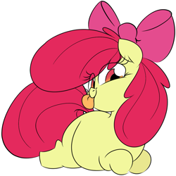 Size: 1011x1009 | Tagged: safe, artist:hattsy, imported from derpibooru, apple bloom, earth pony, pony, :p, adorabloom, adorafatty, apple blob, blank flank, chubby, chubby bloom, cute, eye clipping through hair, fat, female, filly, looking at you, prone, simple background, solo, tongue out, white background