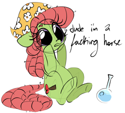 Size: 1854x1674 | Tagged: safe, artist:hattsy, imported from derpibooru, tree hugger, pony, bong, dialogue, dilated pupils, drugs, female, high, huggerbetes, mare, simple background, sitting, solo, stoners in the comments, tree stoner, truth, vulgar, white background