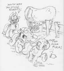 Size: 1648x1843 | Tagged: safe, artist:dilarus, deleted from derpibooru, imported from derpibooru, apple bloom, applejack, sweetie belle, earth pony, pony, unicorn, dialogue, dukes of hazzard, female, graffiti, mare, monochrome, open mouth, queer, running, simple background, slur, spray paint, traditional art, vulgar, white background