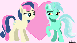 Size: 1920x1080 | Tagged: safe, artist:sadtrooper, imported from derpibooru, bon bon, lyra heartstrings, sweetie drops, earth pony, pony, unicorn, duo, female, heart, heart background, hooves, horn, lesbian, lineless, looking at each other, lyrabon, mare, raised hoof, shipping, signature, smiling