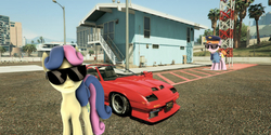 Size: 666x334 | Tagged: safe, artist:goatcanon, edit, editor:undeadponysoldier, imported from derpibooru, bon bon, copper top, sweetie drops, 3d, building, car, criminal, crossover, gangsta, gangster, grand theft auto, gta v, los santos, palm tree, parking lot, police officer, radio tower, skyscraper, source filmmaker, staircase, stairs, streetlight, sunglasses, tree, vehicle, video game