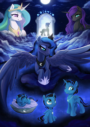 Size: 1900x2687 | Tagged: safe, artist:fidzfox, imported from derpibooru, princess celestia, princess luna, oc, oc:moonrise, oc:nyx, alicorn, pony, baby, baby pony, cloud, commission, female, jewelry, male, mare, necklace, night, night sky, sitting, sky, sleeping, stallion, stars