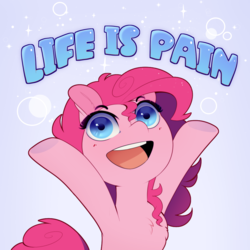 Size: 1000x1000 | Tagged: safe, artist:evehly, imported from derpibooru, pinkie pie, earth pony, pony, :d, abstract background, bubble, cheering, chest fluff, cute, depressing, diapinkes, dissonant caption, ear fluff, female, gradient background, happy, hooves up, irrational exuberance, life is pain, looking at you, mare, open mouth, pain, smiling, solo, sparkles, subversive kawaii, text, truth, underhoof, wat