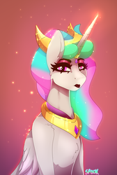 Size: 1908x2840 | Tagged: safe, artist:aaa-its-spook, idw, imported from derpibooru, princess celestia, alicorn, pony, reflections, spoiler:comic, dark mirror universe, evil celestia, evil counterpart, eyeshadow, female, jewelry, looking at you, makeup, mirror universe, regalia, solo, tyrant celestia