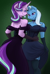 Size: 1000x1500 | Tagged: safe, artist:cadetredshirt, imported from derpibooru, starlight glimmer, trixie, anthro, unguligrade anthro, unicorn, breasts, choker, cleavage, clothes, colored pupils, come hither, corset, dress, dressup, evening gloves, female, gloves, gradient background, hand on hip, lesbian, long gloves, looking at camera, looking at you, saloon dress, shipping, shoulderless, simple background, smiling, socks, startrix, stockings, sultry, thigh highs, trixie lulamoon and starlight glimmer