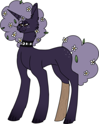 Size: 2359x2962 | Tagged: safe, artist:northlis, imported from derpibooru, oc, oc only, oc:night flowers, pony, unicorn, amputee, blank flank, choker, female, flower, flower in hair, freckles, leaf, mare, prosthetic limb, prosthetics, simple background, solo, white background, wood