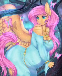 Size: 1200x1480 | Tagged: safe, artist:cheezayballz, imported from derpibooru, fluttershy, anthro, butterfly, pegasus, backless dress, bare shoulders, beautiful, belly, big breasts, breasts, busty fluttershy, clothes, female, mare, open-back dress, preggoshy, pregnant, smiling, solo, spread wings, wings