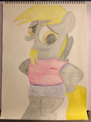 Size: 4032x3024 | Tagged: safe, artist:big-kid, deleted from derpibooru, imported from derpibooru, derpy hooves, pegasus, pony, blue underwear, boyshorts, clothes, colored pencil drawing, legs, mane, panties, shirt, solo, t-shirt, tail, traditional art, underwear, wings, wip