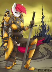 Size: 4000x5500 | Tagged: safe, artist:redwix, imported from derpibooru, oc, oc only, anthro, pegasus, plantigrade anthro, absurd resolution, anthro oc, armor, changeling hive, clothes, female, solo, sword, weapon