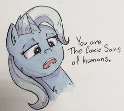 Size: 3061x2729 | Tagged: safe, artist:lightisanasshole, imported from derpibooru, trixie, human, pony, unicorn, above, blue mane, chest fluff, comic sans, ear fluff, female, insult, looking at you, open mouth, pathetic, purple eyes, sassy, shading, solo, talking to viewer, traditional art, watercolor painting