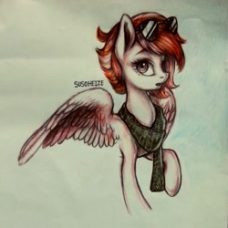 Size: 1836x1836 | Tagged: safe, artist:su50, imported from derpibooru, oc, oc only, pegasus, pony, bust, clothes, female, mare, open mouth, raised hoof, scarf, solo, spread wings, sunglasses, traditional art, wings