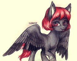 Size: 1359x1069 | Tagged: safe, artist:su50, imported from derpibooru, oc, oc only, pegasus, pony, female, mare, raised hoof, simple background, smiling, solo, spread wings, traditional art, wings