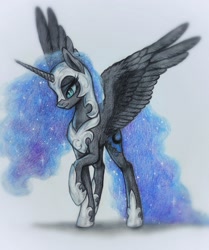 Size: 2448x2926 | Tagged: safe, artist:su50, imported from derpibooru, nightmare moon, alicorn, pony, colored pencil drawing, female, helmet, mare, raised hoof, simple background, smiling, solo, spread wings, traditional art, white background, wings