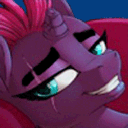 Size: 300x300 | Tagged: safe, artist:hellbeholder, artist:pusspuss, edit, imported from derpibooru, fizzlepop berrytwist, tempest shadow, unicorn, my little pony: the movie, animated, bedroom eyes, eyebrow wiggle, female, gif, grin, smiling