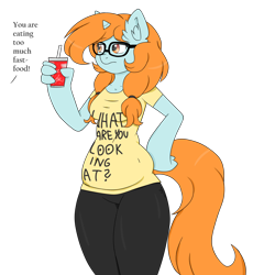 Size: 2768x3007 | Tagged: dead source, safe, artist:dreamy990, artist:nightydream, imported from derpibooru, oc, oc only, oc:lucky dream, anthro, unicorn, chubby, clothes, coca-cola, drink, female, hoof hands, mare, pants, plump, shirt, simple background, solo, transparent background, weight gain