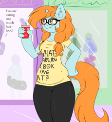 Size: 2768x3007 | Tagged: dead source, safe, artist:dreamy990, artist:nightydream, imported from derpibooru, oc, oc only, oc:lucky dream, anthro, unicorn, chubby, clothes, coca-cola, drink, female, hoof hands, mare, pants, plump, shirt, solo, weight gain