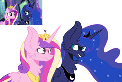 Size: 2740x1836 | Tagged: safe, artist:musicbetmlp, imported from derpibooru, princess cadance, princess luna, alicorn, pony, big ears, chest fluff, colored wings, duo, ethereal mane, eyebrows, eyebrows visible through hair, female, impossibly large ears, jewelry, looking at each other, mare, regalia, scene interpretation, simple background, starry mane, white background, wings, worried
