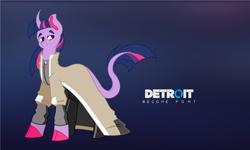 Size: 5616x3360 | Tagged: safe, artist:musicbetmlp, imported from derpibooru, twilight sparkle, pony, unicorn, boots, clothes, coat, colored ears, colored hooves, crossover, curved horn, detroit: become human, ear fluff, female, gradient background, horn, leonine tail, lidded eyes, looking back, mare, markus, shoes, solo, trenchcoat, unicorn twilight