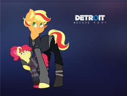 Size: 4664x3528 | Tagged: safe, artist:musicbetmlp, imported from derpibooru, apple bloom, applejack, earth pony, pony, alice (detroit: become human), alternate hairstyle, ax400, boots, bow, clothes, cosplay, costume, crossover, detroit: become human, duo, ear fluff, female, filly, gradient background, hair bow, kara, mare, ponytail, shoes, short mane, sweater, two toned mane, video game
