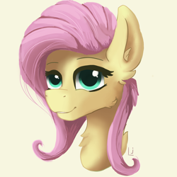 Size: 2000x2000 | Tagged: safe, artist:lulajade, imported from derpibooru, fluttershy, pony, bust, cheek fluff, chest fluff, ear fluff, female, looking at you, mare, simple background, smiling, solo, white background