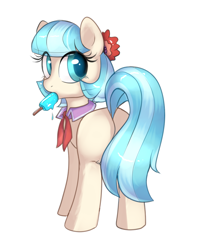 Size: 1108x1334 | Tagged: safe, artist:confetticakez, imported from derpibooru, coco pommel, earth pony, pony, butt, female, flower, flower in hair, food, looking at you, looking back, looking back at you, mare, plot, popsicle, rear view, simple background, solo, white background