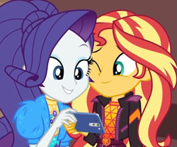 Size: 833x692 | Tagged: safe, deleted from derpibooru, imported from derpibooru, screencap, rarity, sunset shimmer, equestria girls, equestria girls series, festival filters, spoiler:eqg series (season 2), alternate hairstyle, cellphone, cropped, duo, female, magical geodes, one eye closed, phone, smartphone