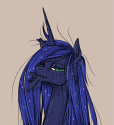 Size: 1327x1452 | Tagged: safe, artist:madhotaru, imported from derpibooru, princess luna, alicorn, pony, bust, feather, female, implied preening, lidded eyes, looking at you, mare, messy mane, mouth hold, portrait, solo