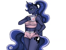 Size: 1280x974 | Tagged: safe, artist:milk_jerboa, imported from derpibooru, princess luna, anthro, alternate hairstyle, belly button, breasts, clothes, cyrillic, female, hand on hip, mare, midriff, mug, ponytail, russian, shorts, simple background, solo, tanktop, white background