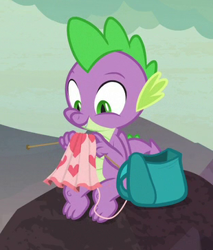 Size: 310x363 | Tagged: safe, imported from derpibooru, screencap, spike, dragon, sweet and smoky, backpack, blanket, cheerful, claws, cropped, cute, dragon lands, fangs, feet, folded wings, knitting, looking down, male, male feet, smiling, solo, toes, winged spike, wings