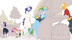 Size: 4800x2700 | Tagged: safe, artist:captainpudgemuffin, imported from derpibooru, apple bloom, applejack, fluttershy, pinkie pie, rainbow dash, rarity, scootaloo, sweetie belle, twilight sparkle, anthro, earth pony, pegasus, plantigrade anthro, unicorn, alternate hairstyle, booth, clipboard, clothes, commission, cotton candy, cutie mark crusaders, female, filly, food, halter top, hat, holding hands, leaning, leaning forward, lesbian, mane six, mare, market, midriff, monochrome, ponytail, popsicle, purse, raridash, sandals, shipping, short hair, short tail, shorts, simple background, sketch, white background, wingless, wingless anthro, wip, writing