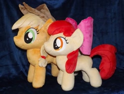 Size: 1280x974 | Tagged: safe, artist:peruserofpieces, imported from derpibooru, apple bloom, applejack, earth pony, pony, accessory, bow, comparison, cowboy hat, duo, female, filly, happy, hat, irl, mare, photo, plushie, profile, siblings, side by side, sisters, smiling, toy