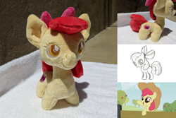 Size: 2382x1587 | Tagged: safe, artist:lauren faust, artist:plushbyanto, imported from derpibooru, apple bloom, earth pony, pony, the last roundup, accessory, accessory swap, applejack's hat, bow, chibi, colored pupils, concept art, cowboy hat, female, filly, happy, hat, irl, minky, pencil drawing, photo, plushie, ribbon, smiling, solo, toy, traditional art