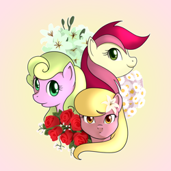 Size: 900x900 | Tagged: safe, artist:marikaefer, imported from derpibooru, daisy, flower wishes, lily, lily valley, roseluck, pony, daisy (flower), female, flower, flower trio, lily (flower), rose, trio, trio female