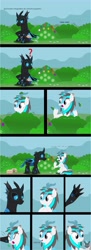 Size: 2912x7957 | Tagged: safe, artist:wheatley r.h., derpibooru exclusive, imported from derpibooru, oc, oc only, oc:blizzard flare, oc:w. rhinestone eyes, changeling, kirin, basket, bat wings, belt, berry bush, blue changeling, blue eyes, buffalo gourd seed, bush, changeling oc, claws, cloven hooves, comic, female, flower, food, gray eyes, horn, kirin oc, leaf, mare, morse code, mountain, onomatopoeia, sitting, spanish, spanish text, vector, watermark, white berry, wings