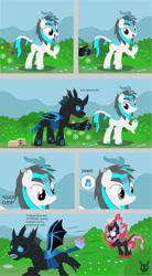 Size: 2911x5292 | Tagged: safe, artist:wheatley r.h., derpibooru exclusive, imported from derpibooru, oc, oc only, oc:blizzard flare, oc:w. rhinestone eyes, changeling, kirin, nirik, basket, bat wings, belt, berry bush, blue changeling, blue eyes, buffalo gourd seed, burned, bush, changeling oc, cloven hooves, eating, female, flower, food, gray eyes, horn, kirin oc, lighter, mare, mountain, nirik oc, running, spanish, spanish text, standing, tongue out, translated in the description, vector, watermark, white berry, wings