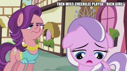 Size: 889x500 | Tagged: safe, edit, edited screencap, imported from derpibooru, screencap, diamond tiara, spoiled rich, earth pony, pony, crusaders of the lost mark, caption, duo, floppy ears, hall & oates, image macro, rich girl, text
