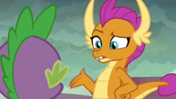 Size: 1920x1080 | Tagged: safe, imported from derpibooru, screencap, smolder, spike, dragon, sweet and smoky, asking, baby dragon, claws, dragoness, duo, fangs, female, hand on hip, horns, looking at each other, male, raised arm, raised eyebrow, rear view, teenaged dragon, teenager, winged spike, wings